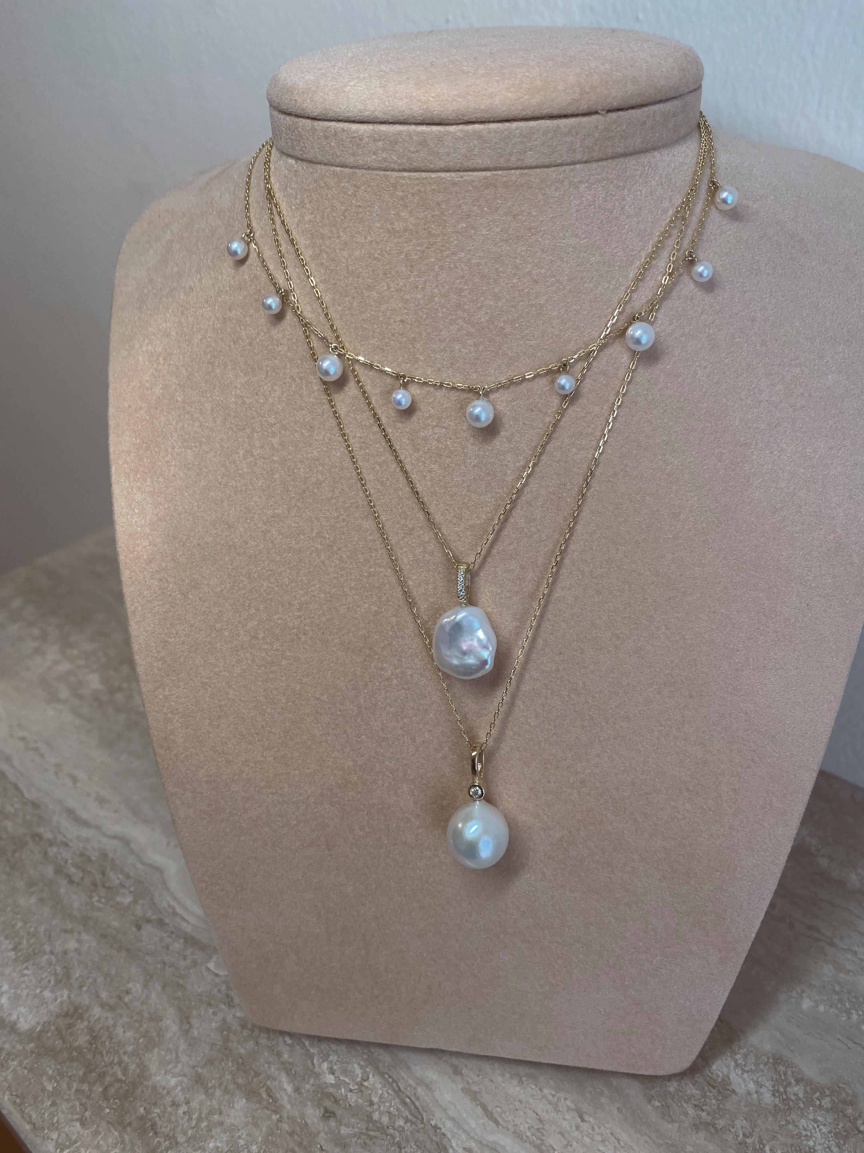 Round Cut Baroque Pearl Charm Necklace with diamond, 18K Gold For Sale