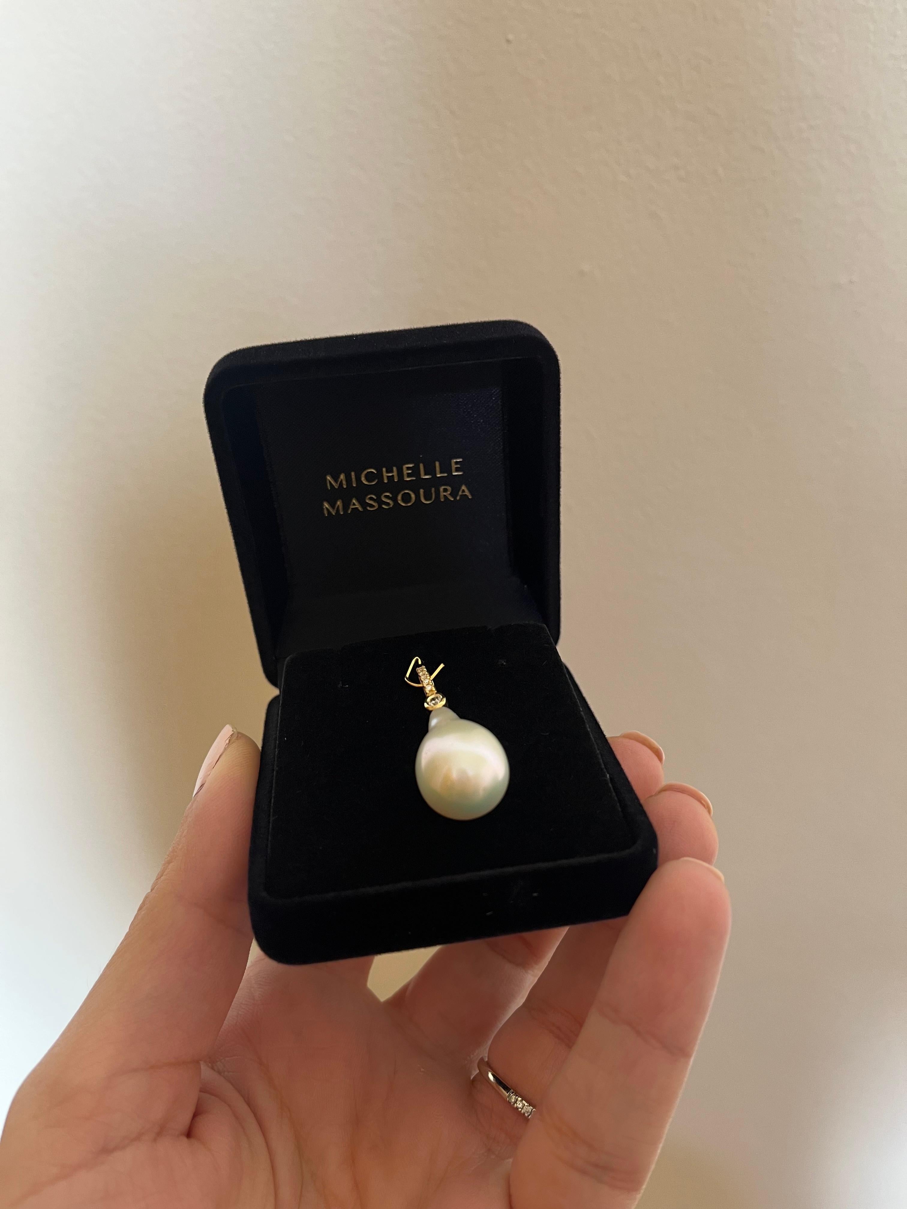 Women's or Men's Baroque pearl charm with diamonds, 18K Gold For Sale