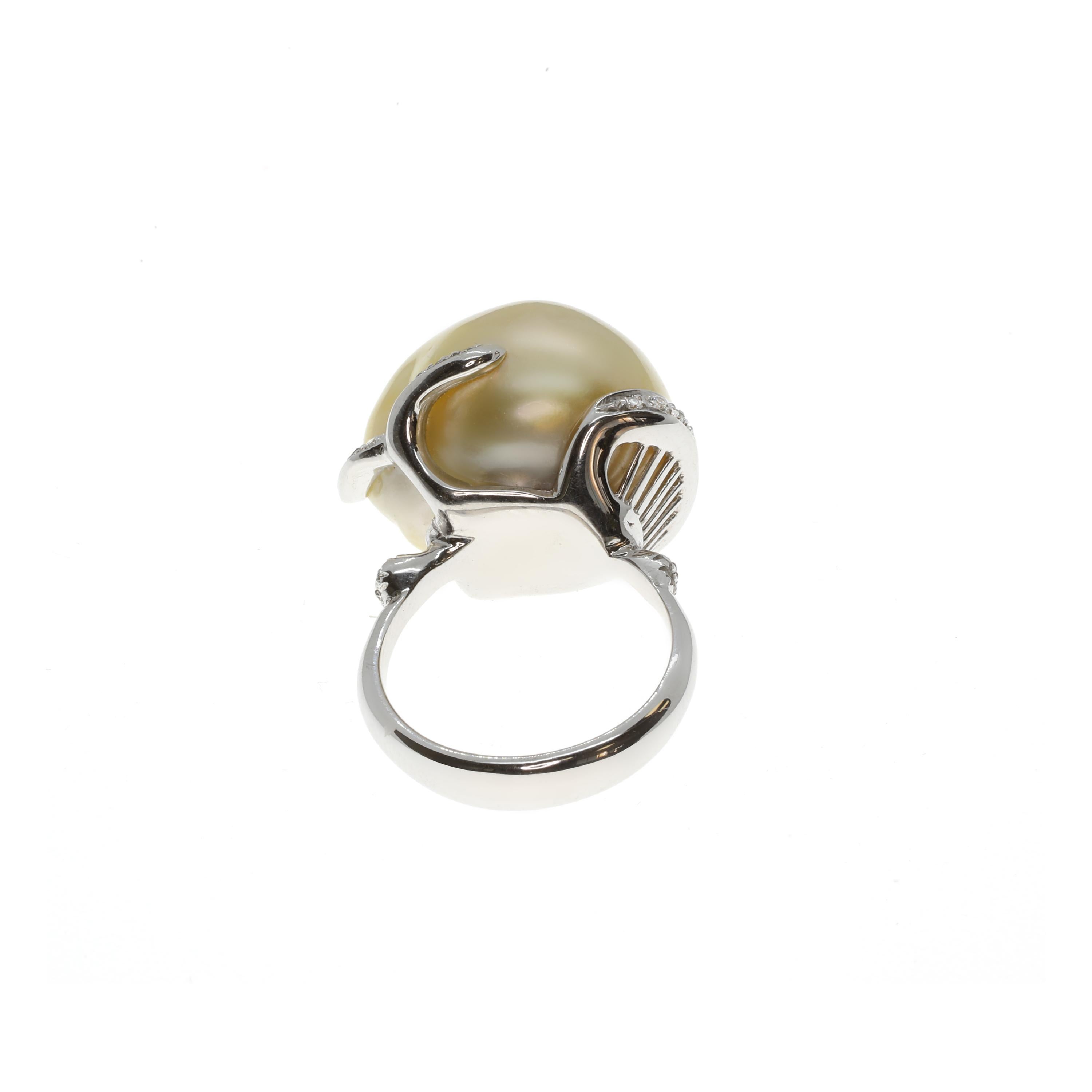 Contemporary 21st Century 18 Karat White Gold Baroque Pearl and Diamonds Cocktail Ring  For Sale