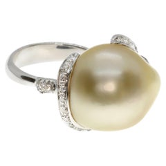 21st Century 18 Karat White Gold Baroque Pearl and Diamonds Cocktail Ring