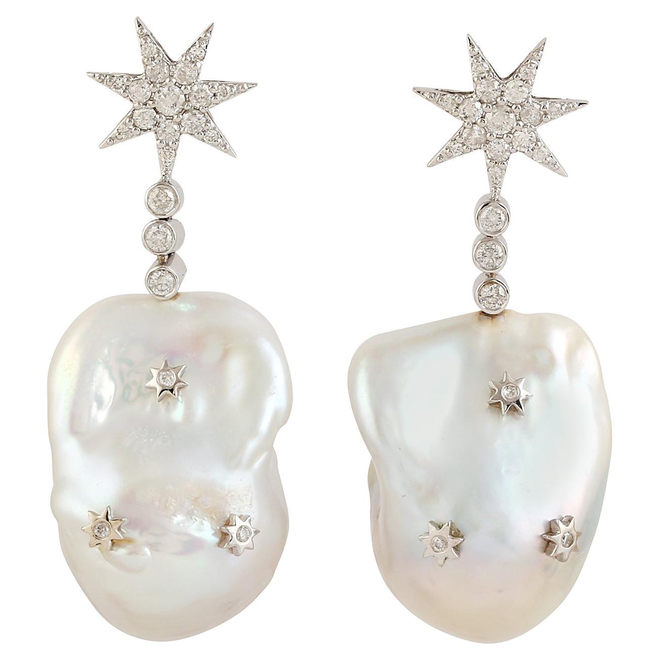 Baroque Pearl Dangle Earrings With Diamond Made In 18k White Gold