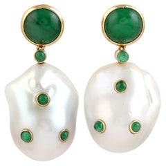 Baroque Pearl Dangle Earrings With Emerald Made In 18k Yellow Gold