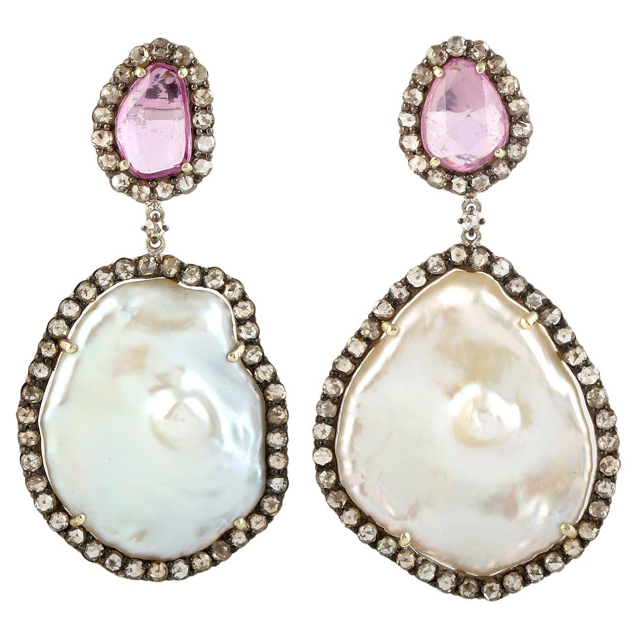 Baroque Pearl Dangle Earrings With Pink Sapphire & Diamonds Made In 14k Gold