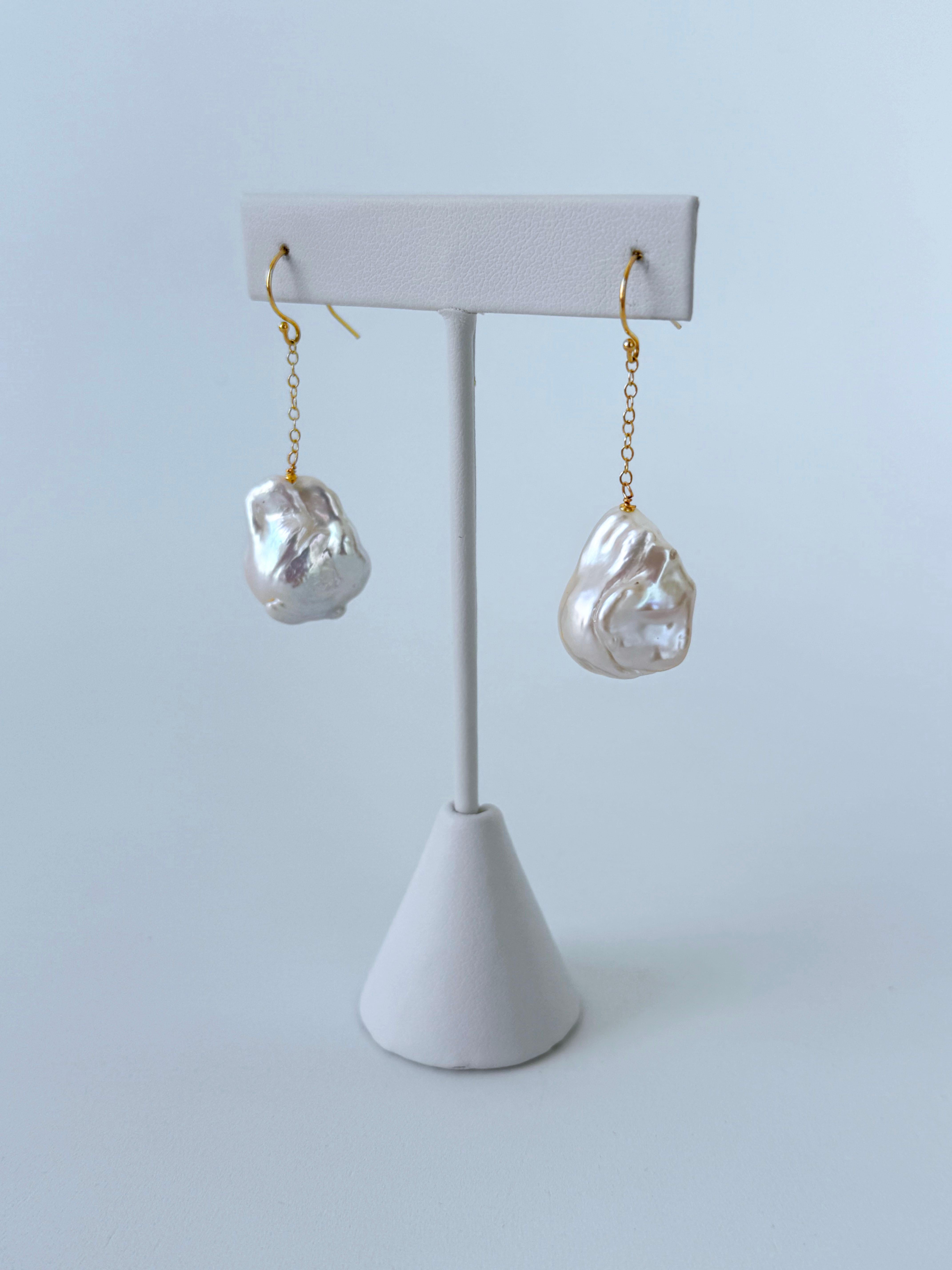 Artisan Baroque Pearl Dangle Earrings with Solid 14k Yellow Gold For Sale