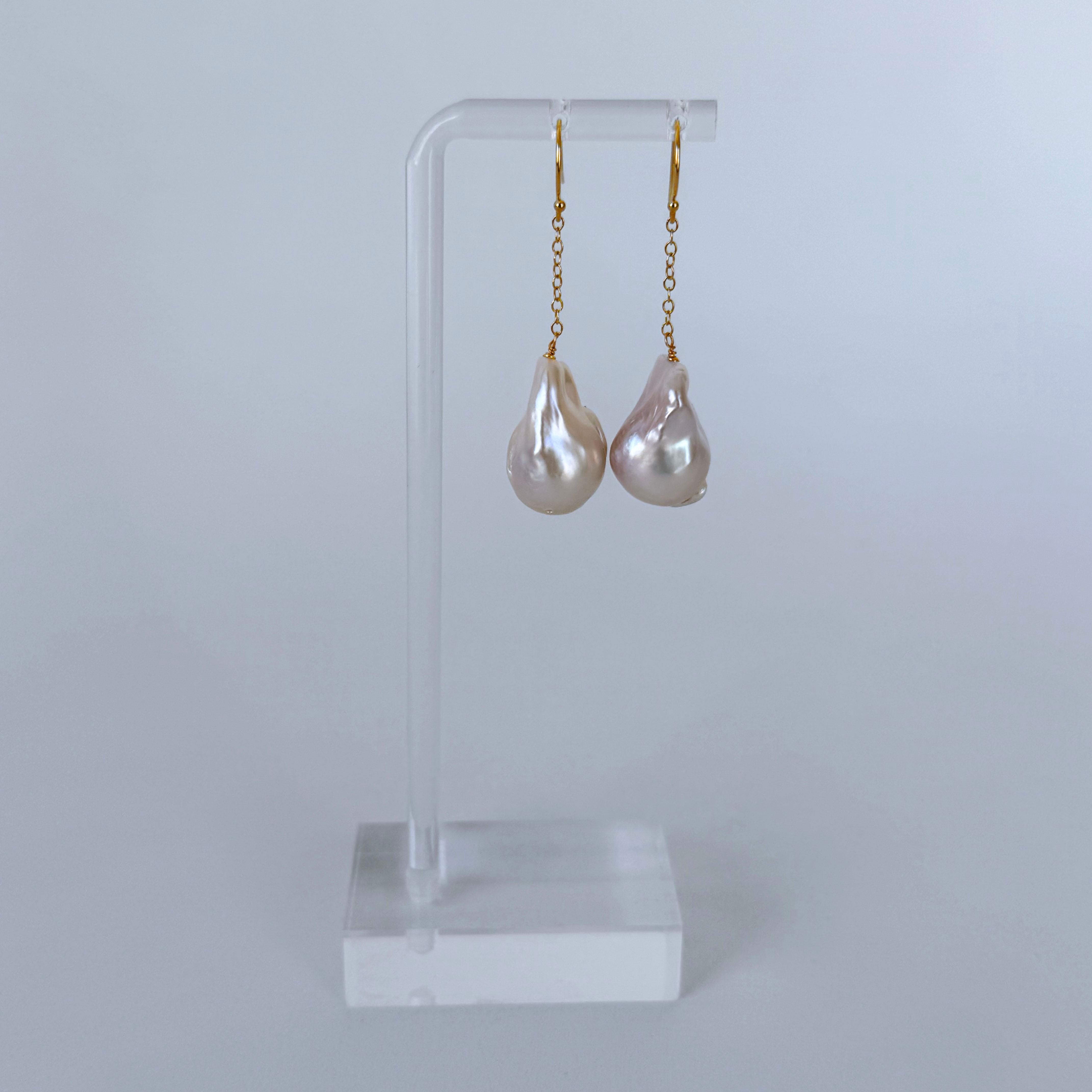 Bead Baroque Pearl Dangle Earrings with Solid 14k Yellow Gold For Sale