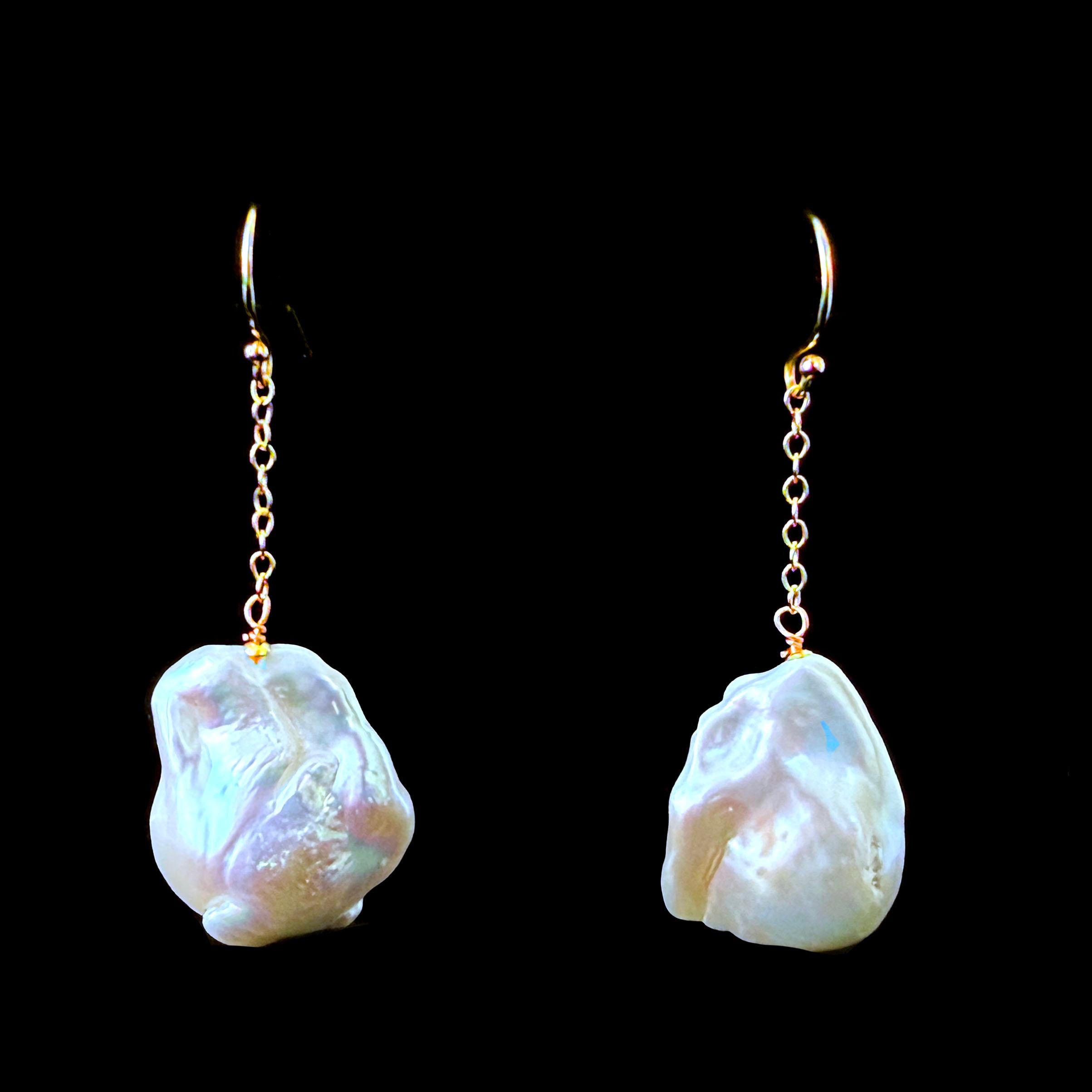 Women's Baroque Pearl Dangle Earrings with Solid 14k Yellow Gold For Sale
