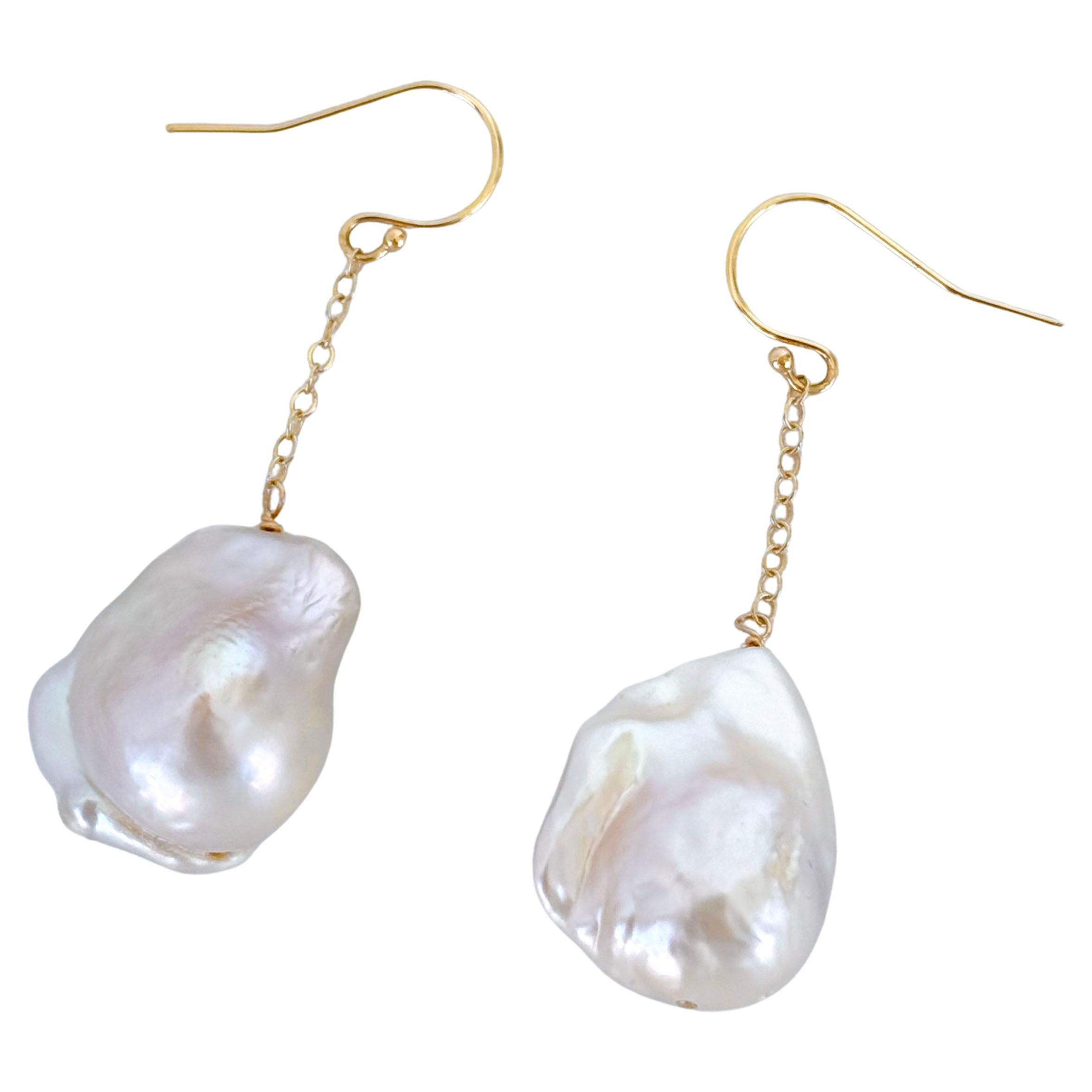 Baroque Pearl Dangle Earrings with Solid 14k Yellow Gold