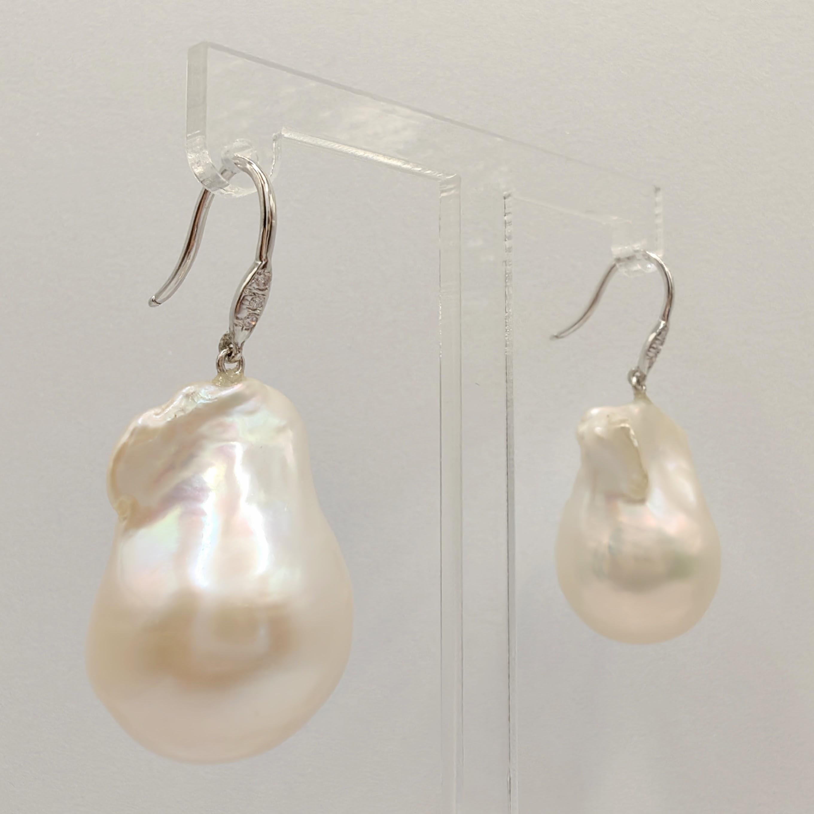 Uncut Baroque Pearl Diamond Dangling Drop Earrings With 18K White Gold French Hooks