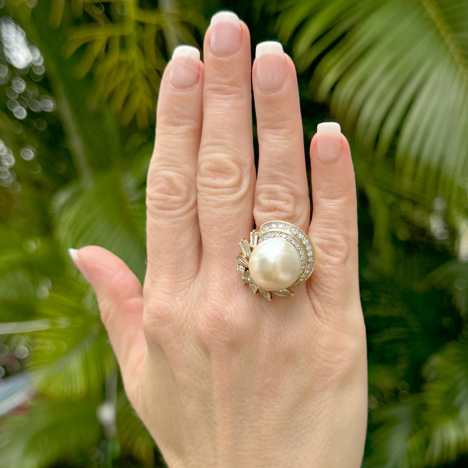 Contemporary Baroque Pearl Diamond 18 Karat Yellow Gold Vintage Cocktail Ring For Sale