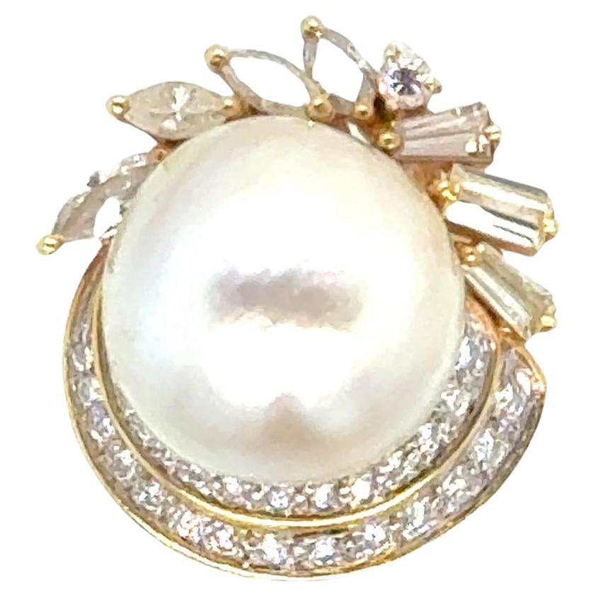 Baroque Pearl Diamond 18 Karat Yellow Gold Vintage Cocktail Ring For Sale