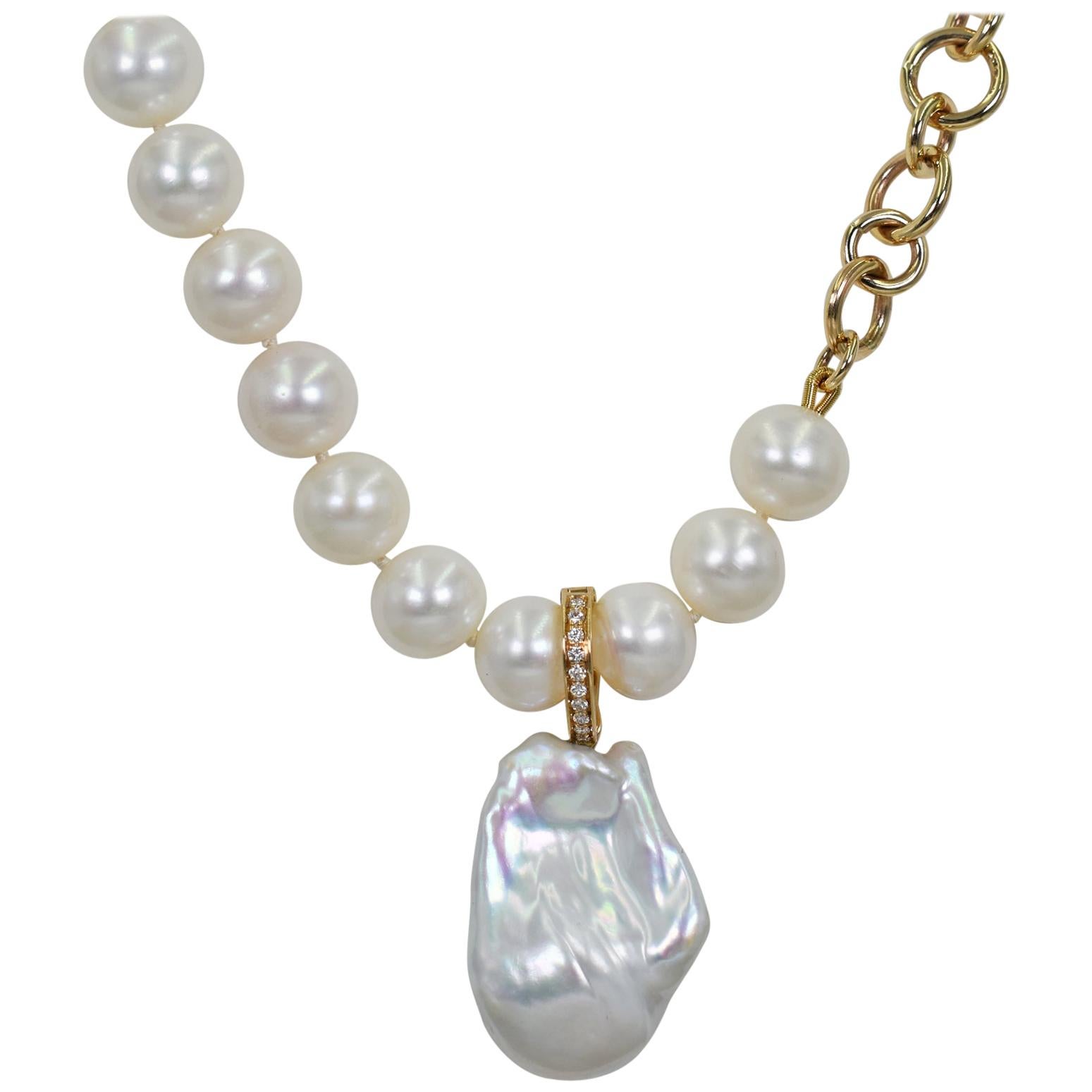 Baroque Pearl, Diamond and 14 Karat Gold Beaded Pearl Pendant Necklace For Sale