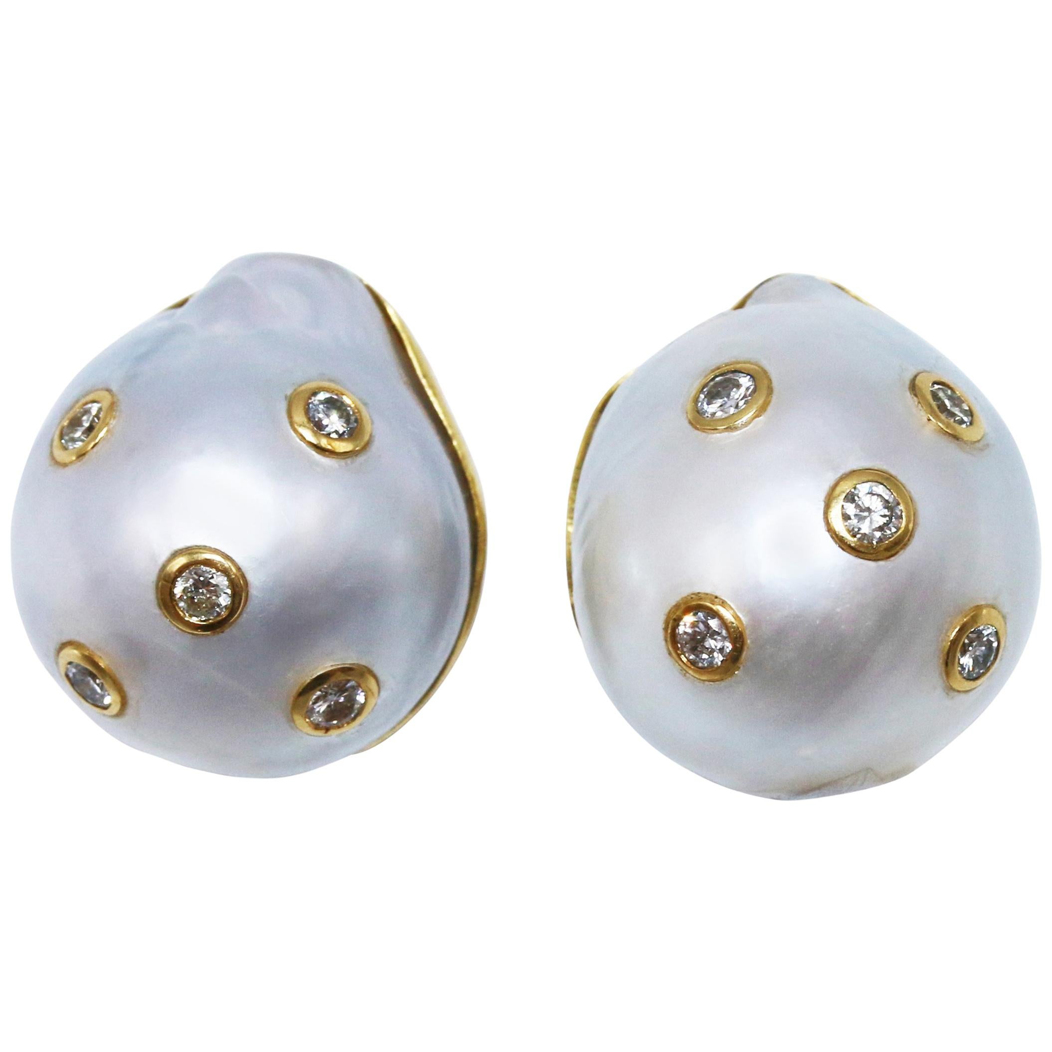 Baroque Pearl, Diamond and Gold Earclips