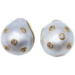 Vintage Baroque Pearl, Diamond and Gold Earclips