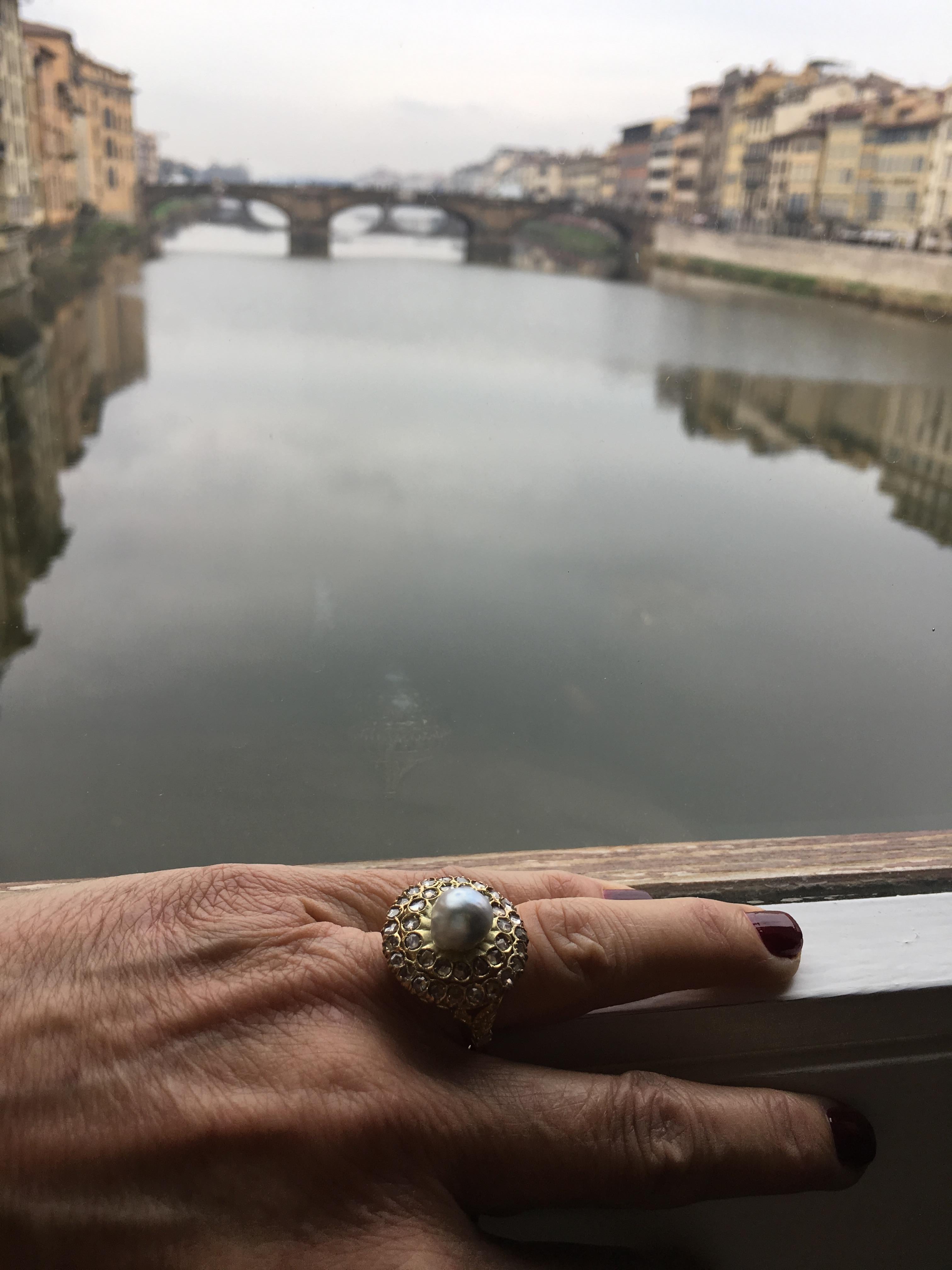 Baroque Pearl Diamond Cluster Ring In Excellent Condition In Firenze, IT