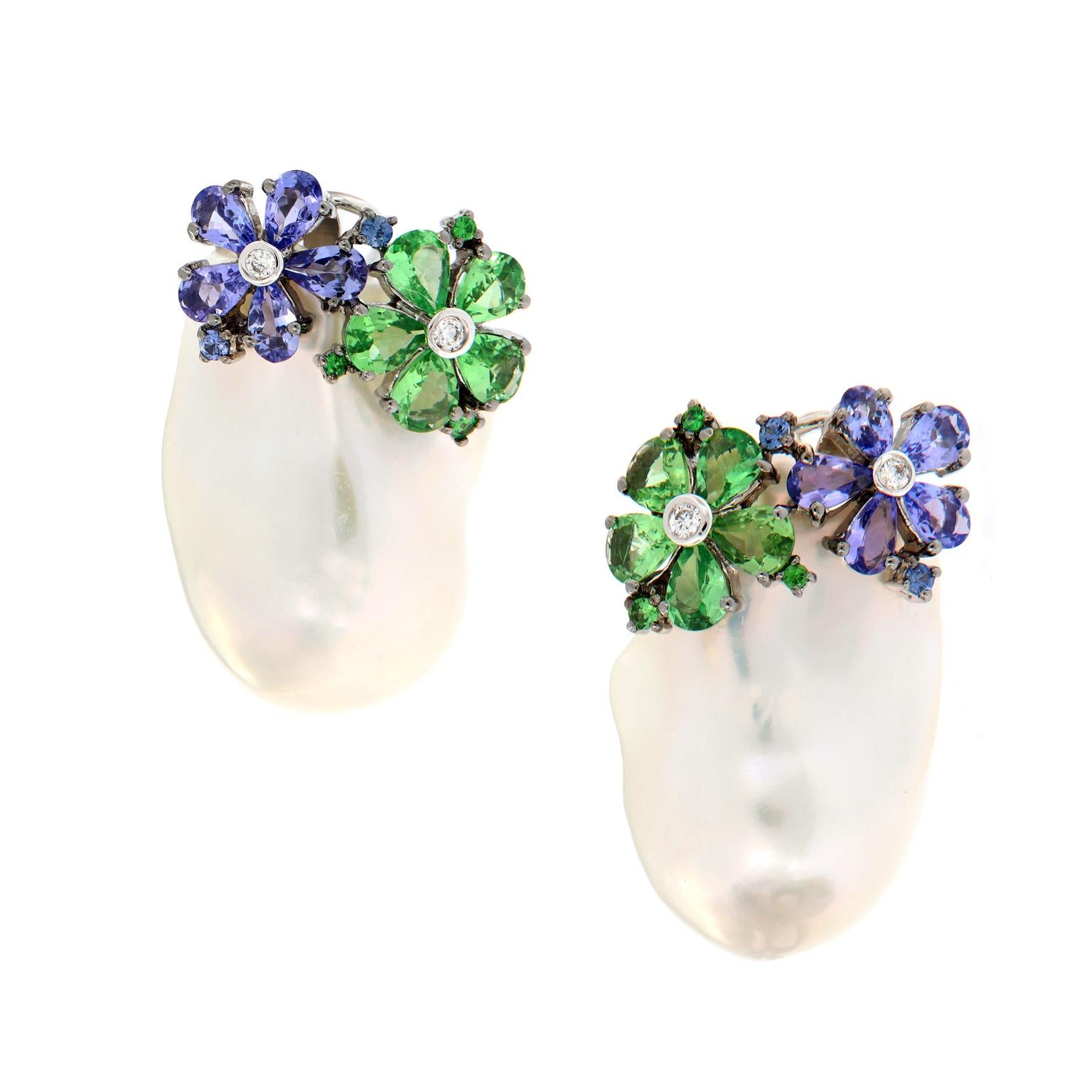 Baroque Pearl Diamond Colored Gemstone Earrings