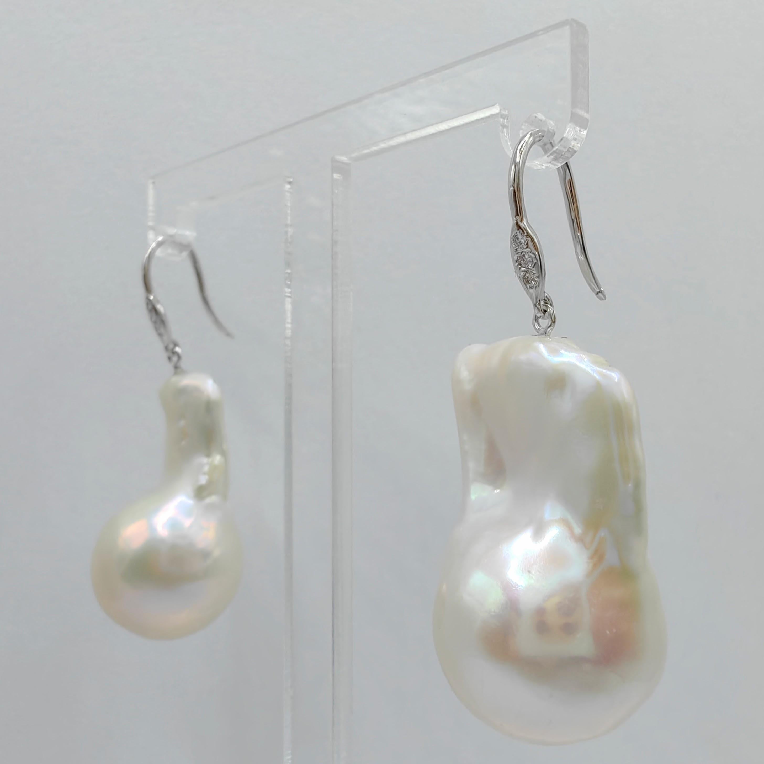 Contemporary Baroque Pearl Diamond Dangling Drop Earrings With 18K White Gold French Hooks For Sale