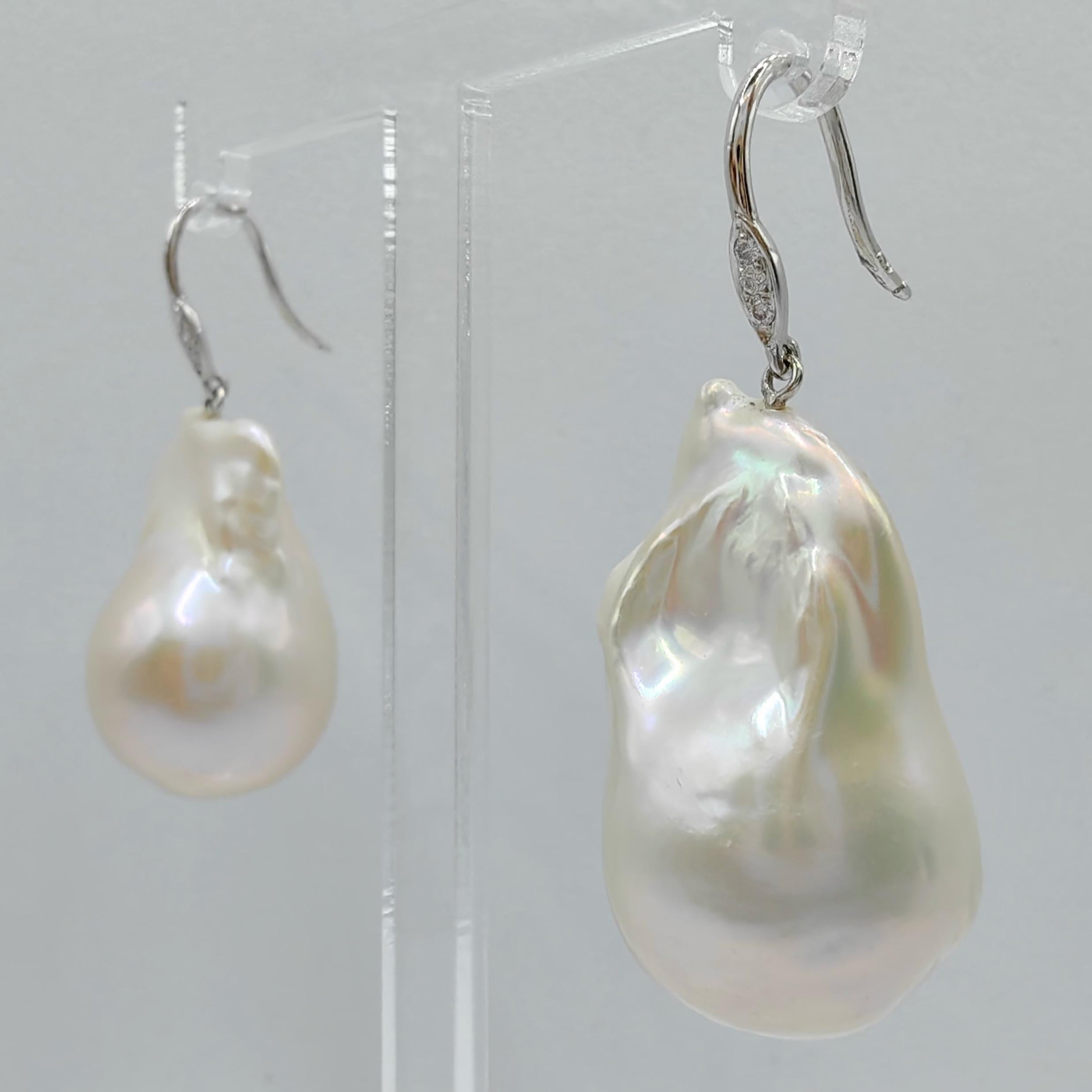 Contemporary Baroque Pearl Diamond Dangling Drop Earrings With 18K White Gold French Hooks