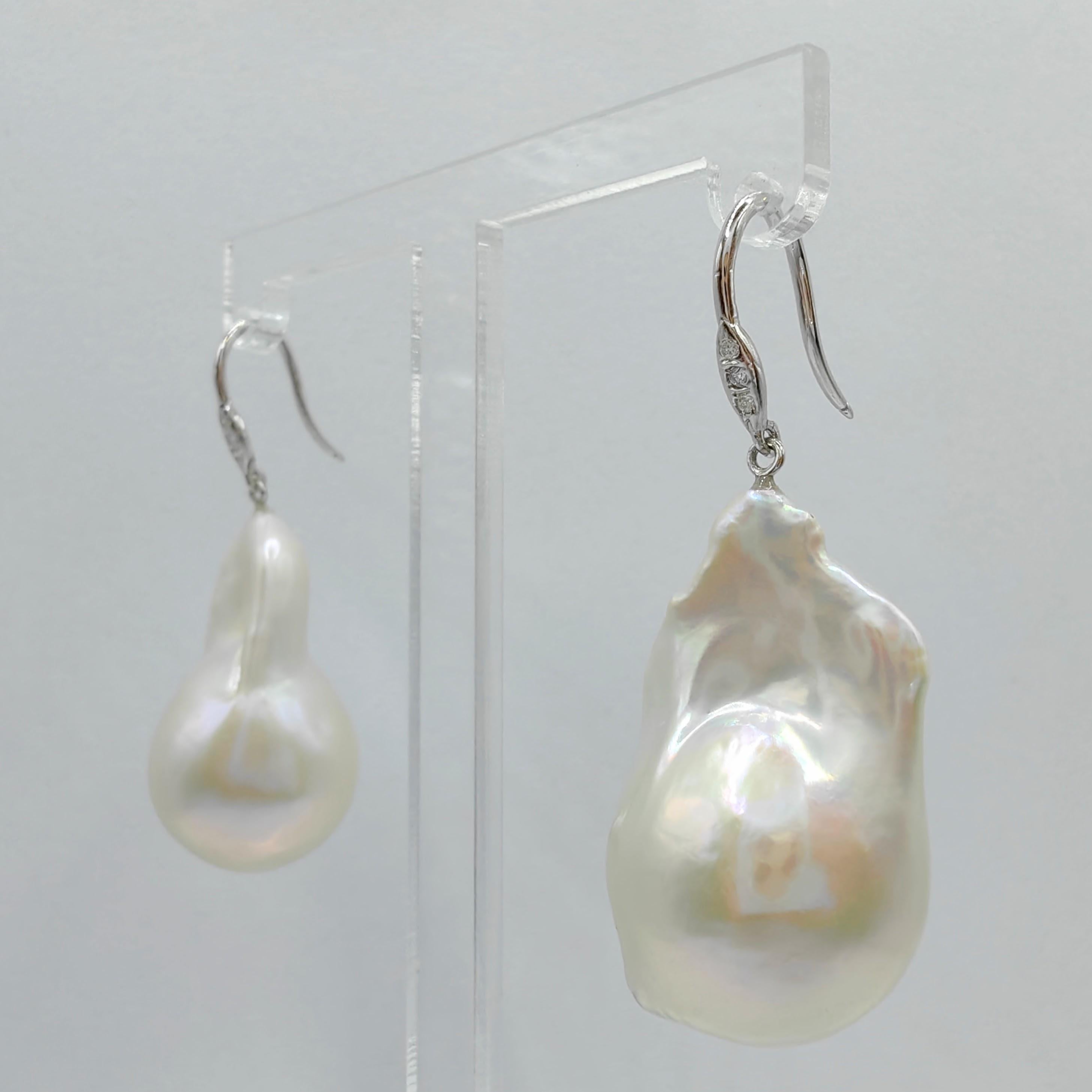 Contemporary Baroque Pearl Diamond Dangling Drop Earrings With 18K White Gold French Hooks For Sale