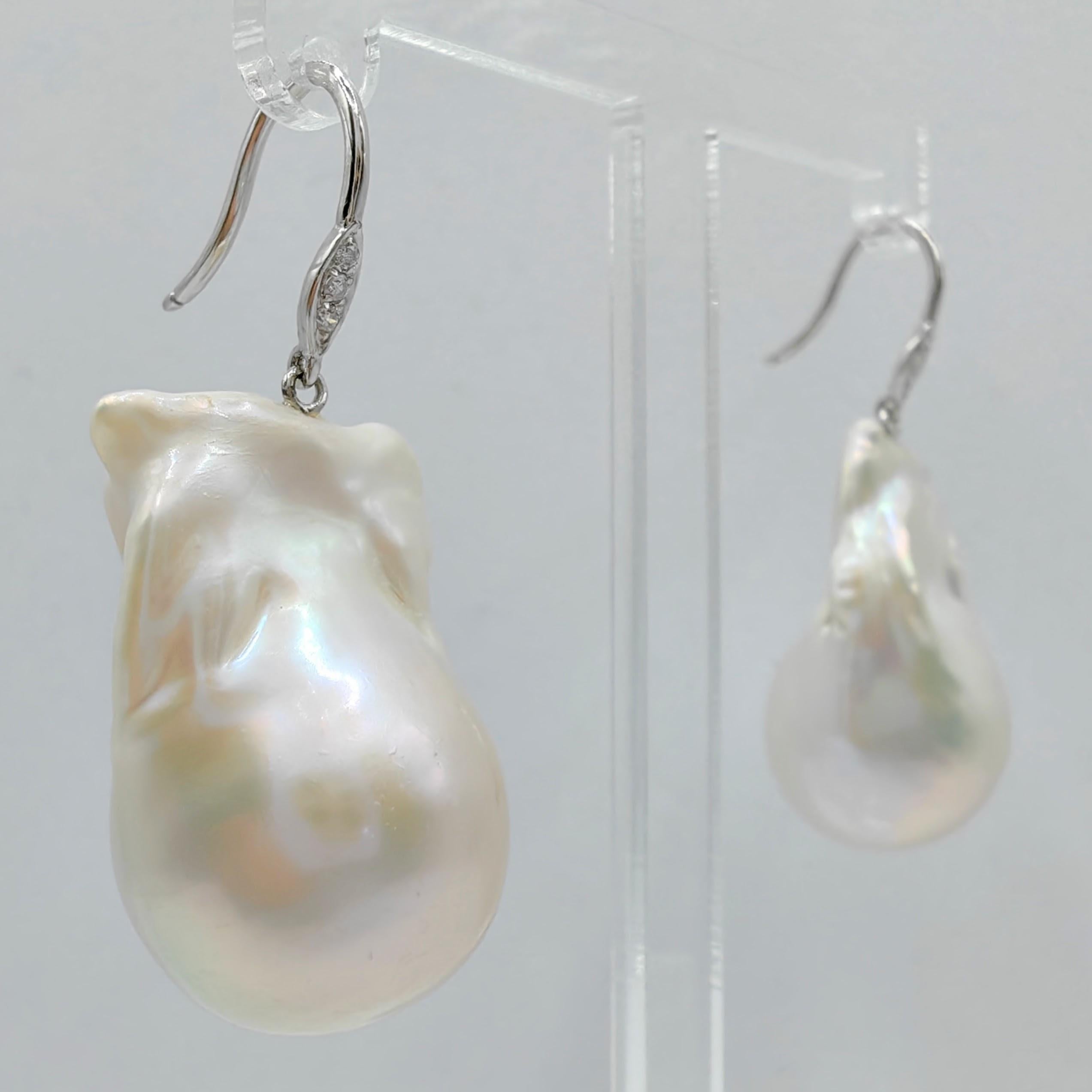 Uncut Baroque Pearl Diamond Dangling Drop Earrings With 18K White Gold French Hooks