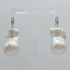 Baroque Pearl Diamond Dangling Drop Earrings With 18K White Gold French Hooks