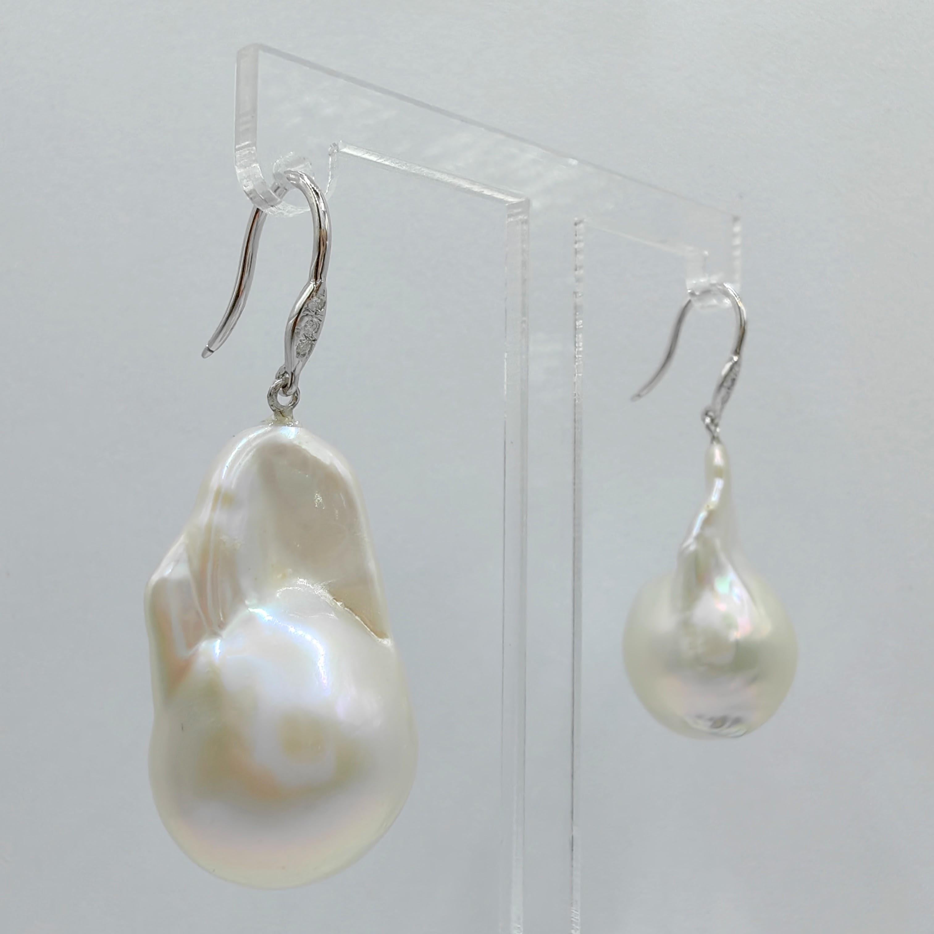 Uncut Baroque Pearl Diamond Dangling Drop Earrings With 18K White Gold French Hooks For Sale