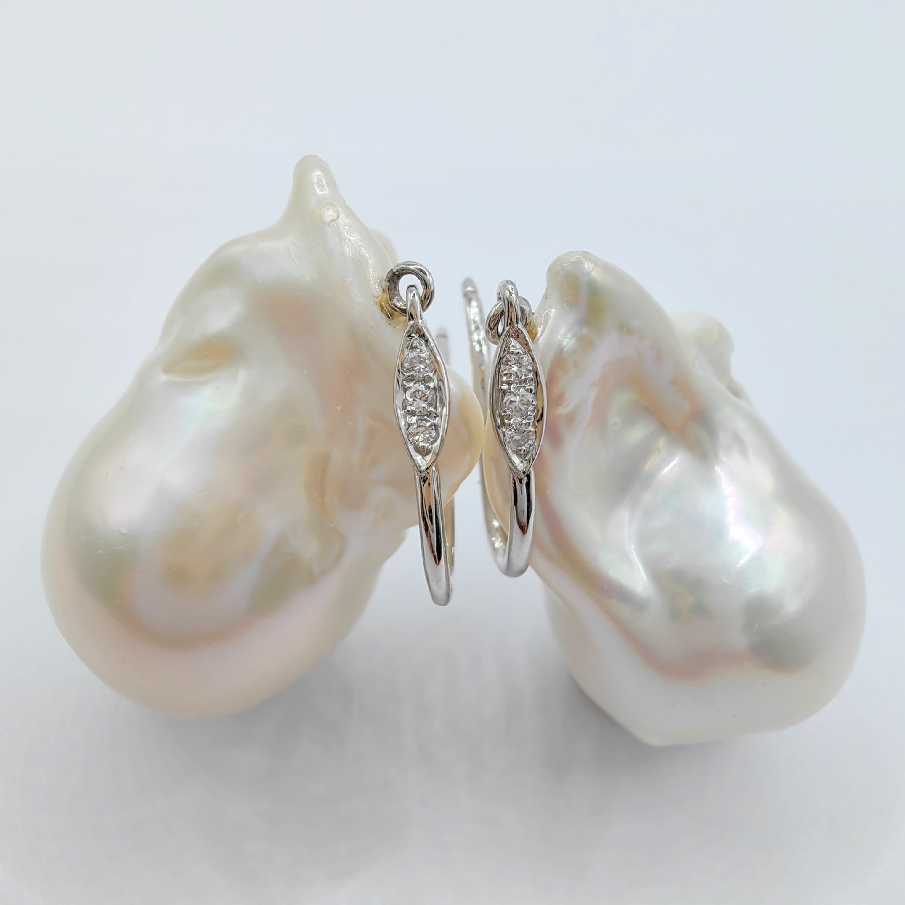 Women's Baroque Pearl Diamond Dangling Drop Earrings With 18K White Gold French Hooks
