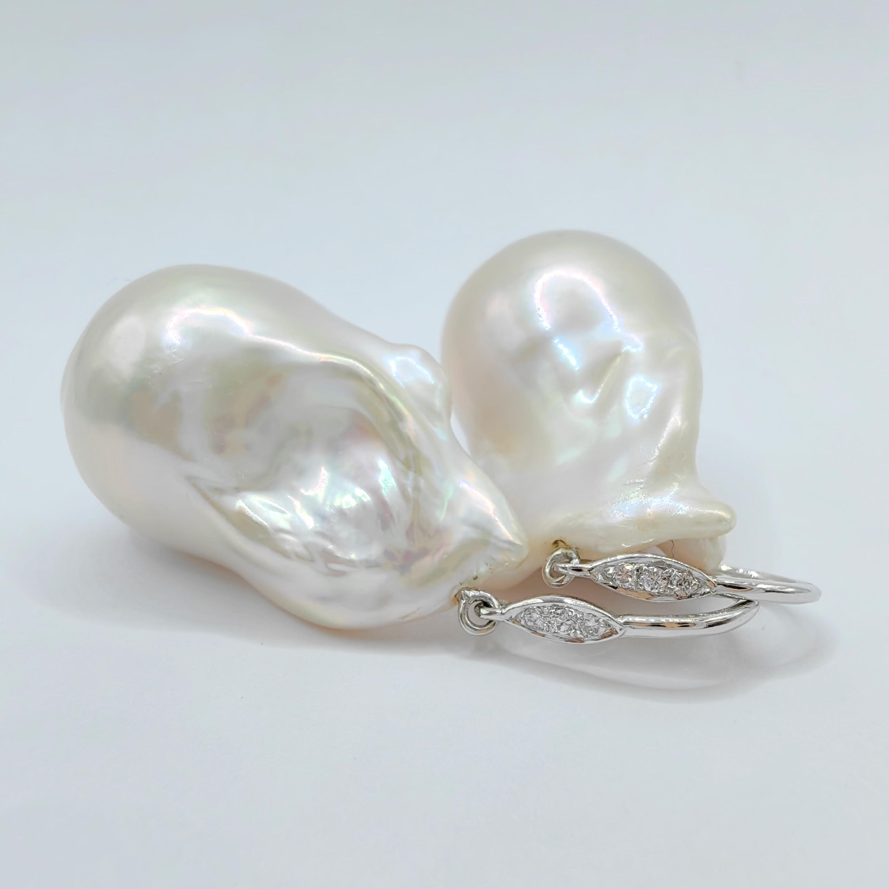 Baroque Pearl Diamond Dangling Drop Earrings With 18K White Gold French Hooks 2