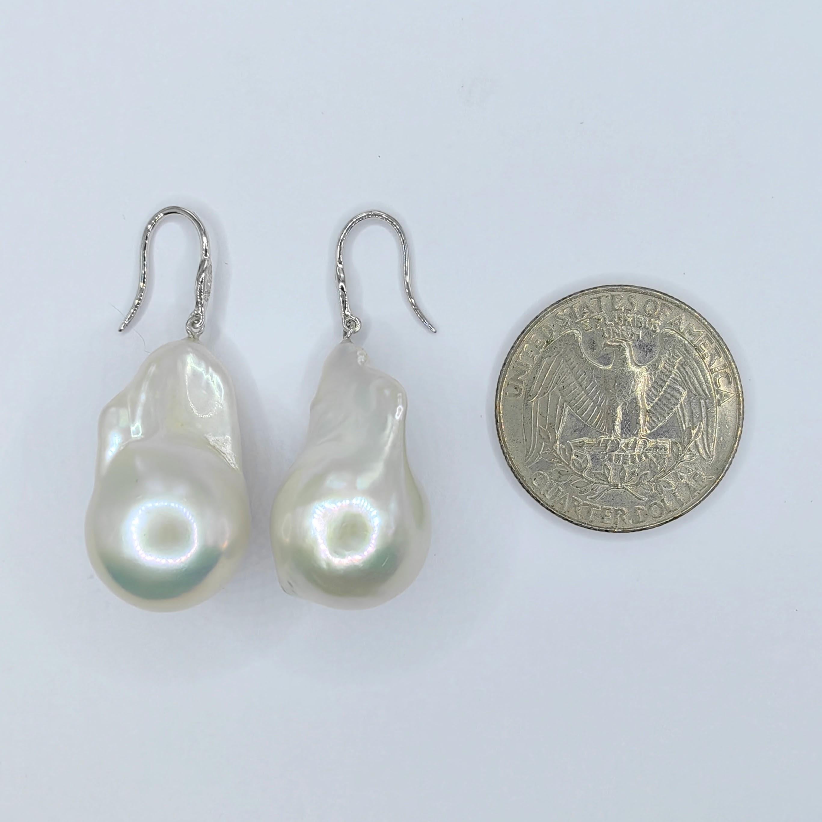 Baroque Pearl Diamond Dangling Drop Earrings With 18K White Gold French Hooks For Sale 3