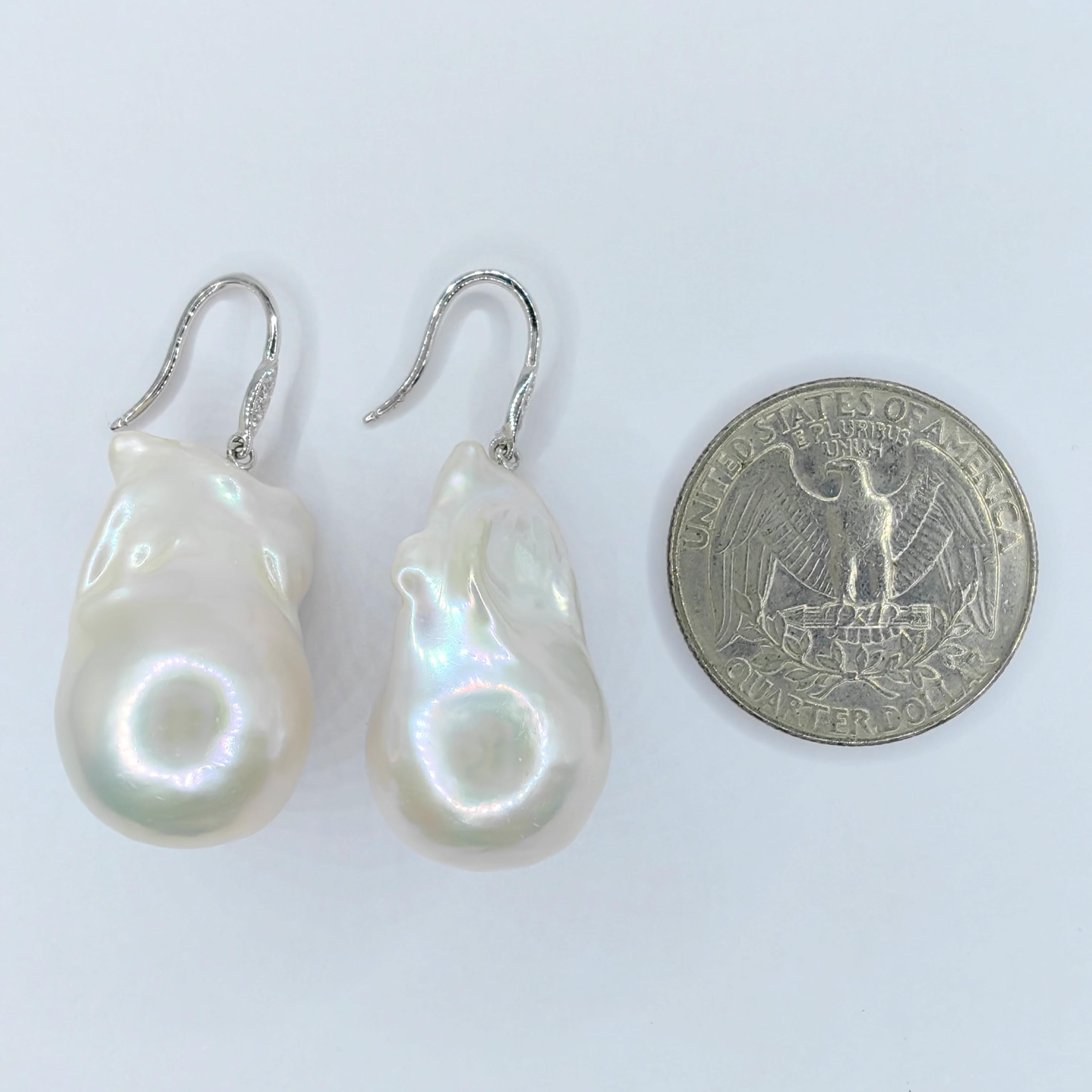 Baroque Pearl Diamond Dangling Drop Earrings With 18K White Gold French Hooks 3