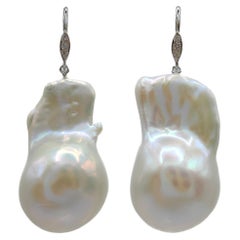 Baroque Pearl Diamond Dangling Drop Earrings With 18K White Gold French Hooks
