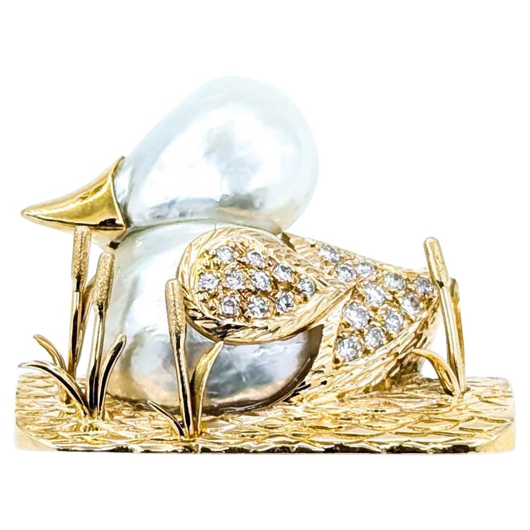 Baroque Pearl & Diamond Duck Broach