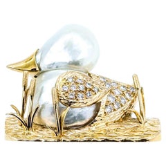 Baroque Pearl & Diamond Duck Broach