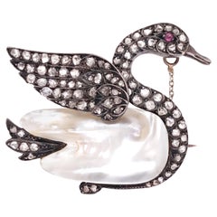 Vintage Baroque Pearl Diamond Duck Brooch