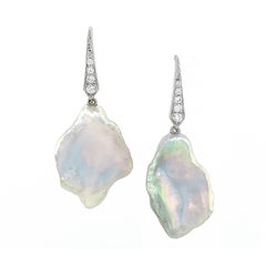 Baroque White Pearl Diamond 18K White Gold Lever-Back Earrings