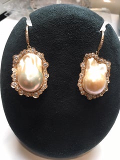 Baroque Pearl & Diamond Earrings with 3.50cts of Diamonds Set in 18k Yellow Gold