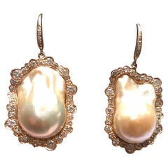 Baroque Pearl 
Diamond Earrings with 3.50cts of Diamonds Set in 18k Yellow Gold
