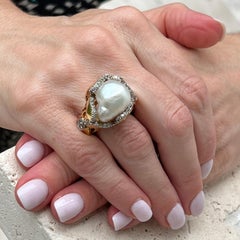 Baroque Pearl Diamond Floral 18 Karat Yellow Gold Cocktail Estate Ring