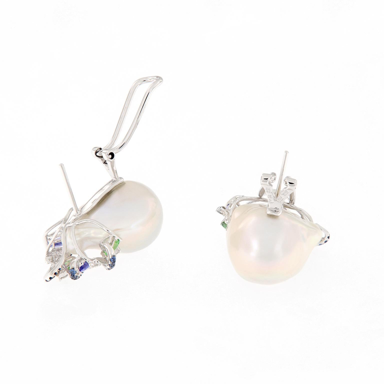 Women's Baroque Pearl Diamond Garnet Sapphire Earrings