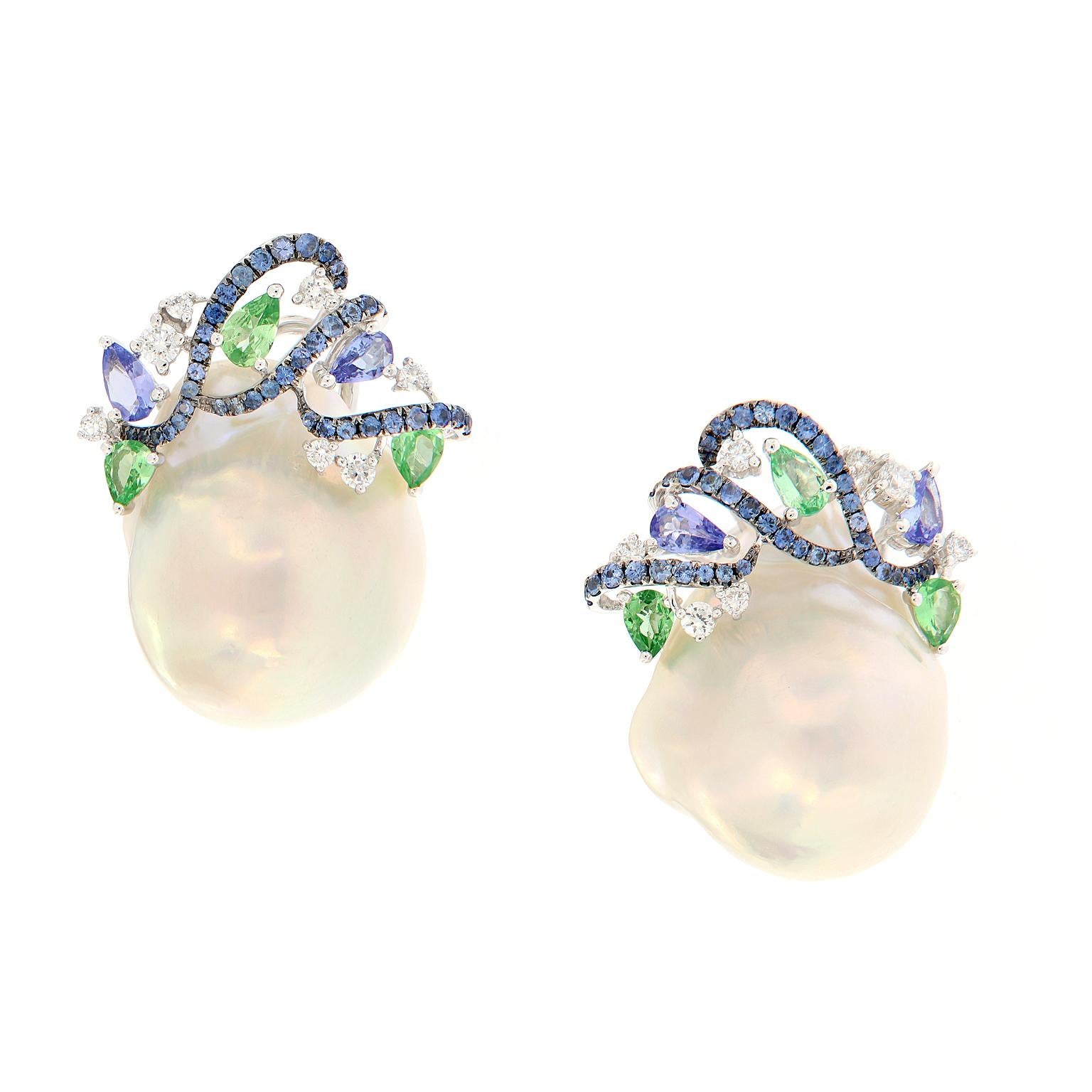 Baroque Pearl Diamond Garnet Sapphire Earrings