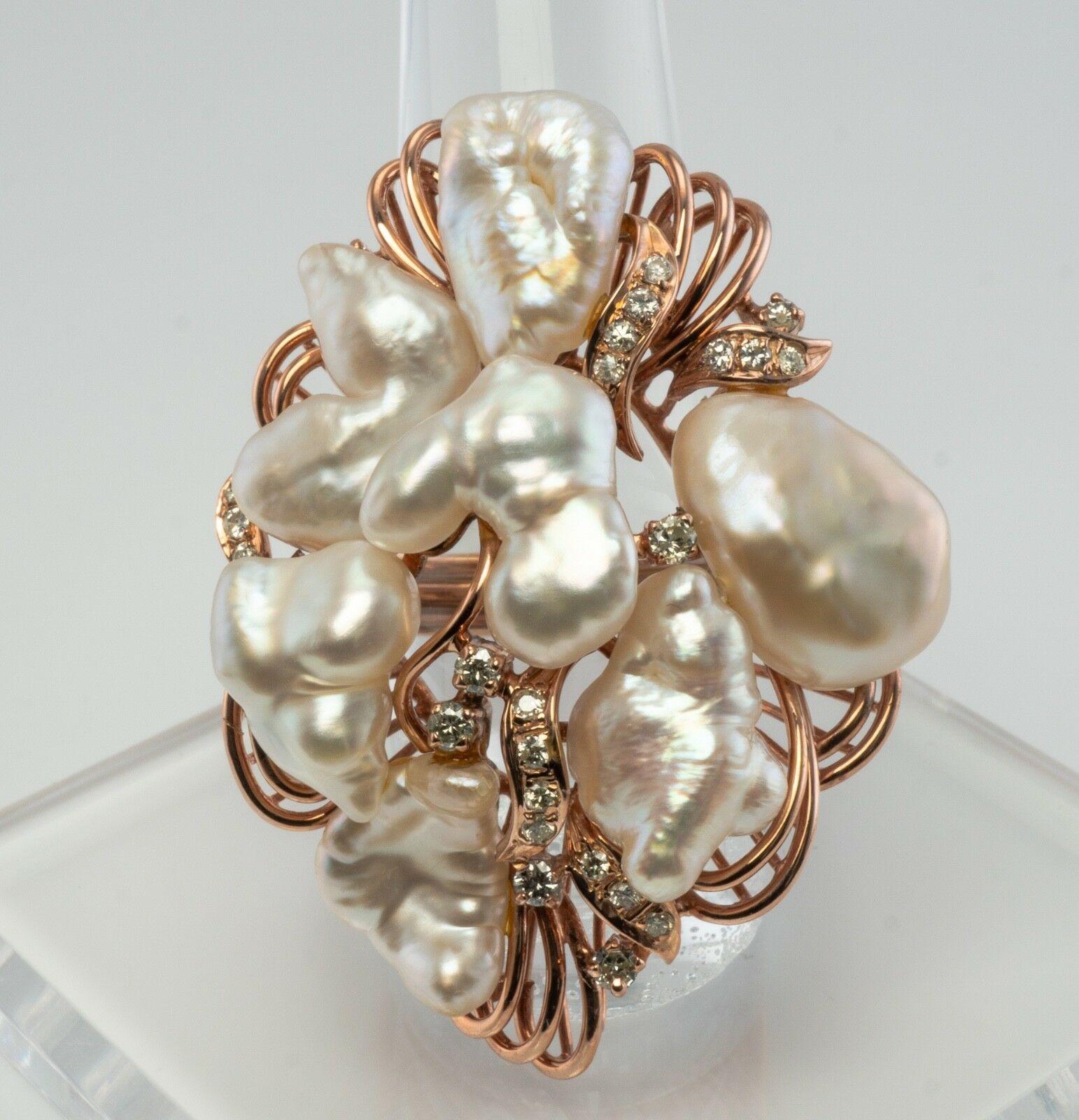 Absolutely stunning Vintage Ring, Baroque Pearl Ring, Diamond Ring, 14K Rose Gold Ring, Cocktail Ring. Set with genuine cultured baroque Pearls and diamonds. There are seven free form pearls of a great luster! Twenty four round brilliant cut