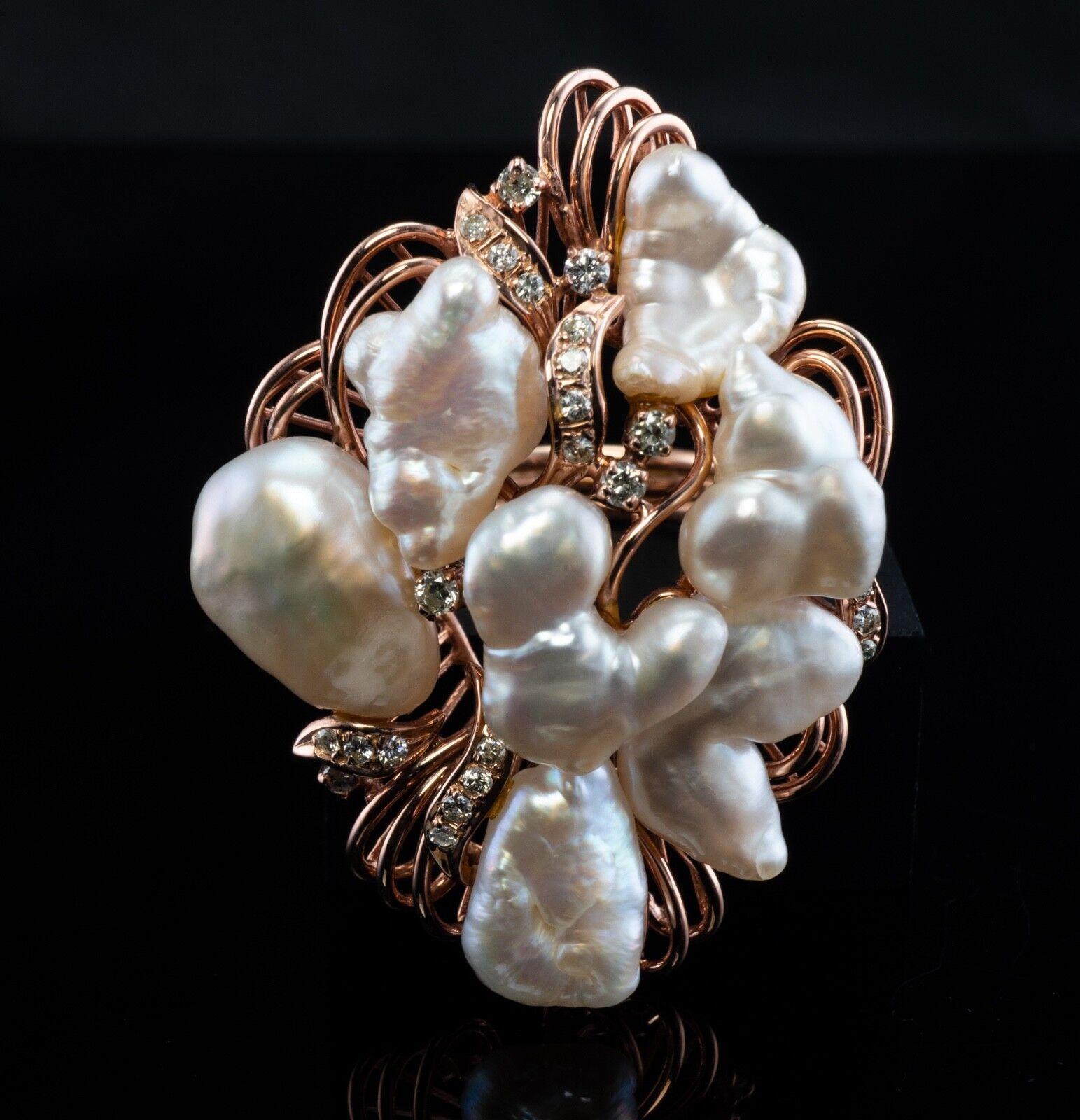 Mixed Cut Baroque Pearl Diamond Ring 14K Rose Gold Vintage Cocktail