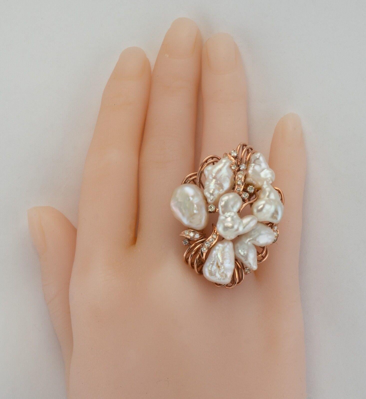 Baroque Pearl Diamond Ring 14K Rose Gold Vintage Cocktail In Good Condition In East Brunswick, NJ