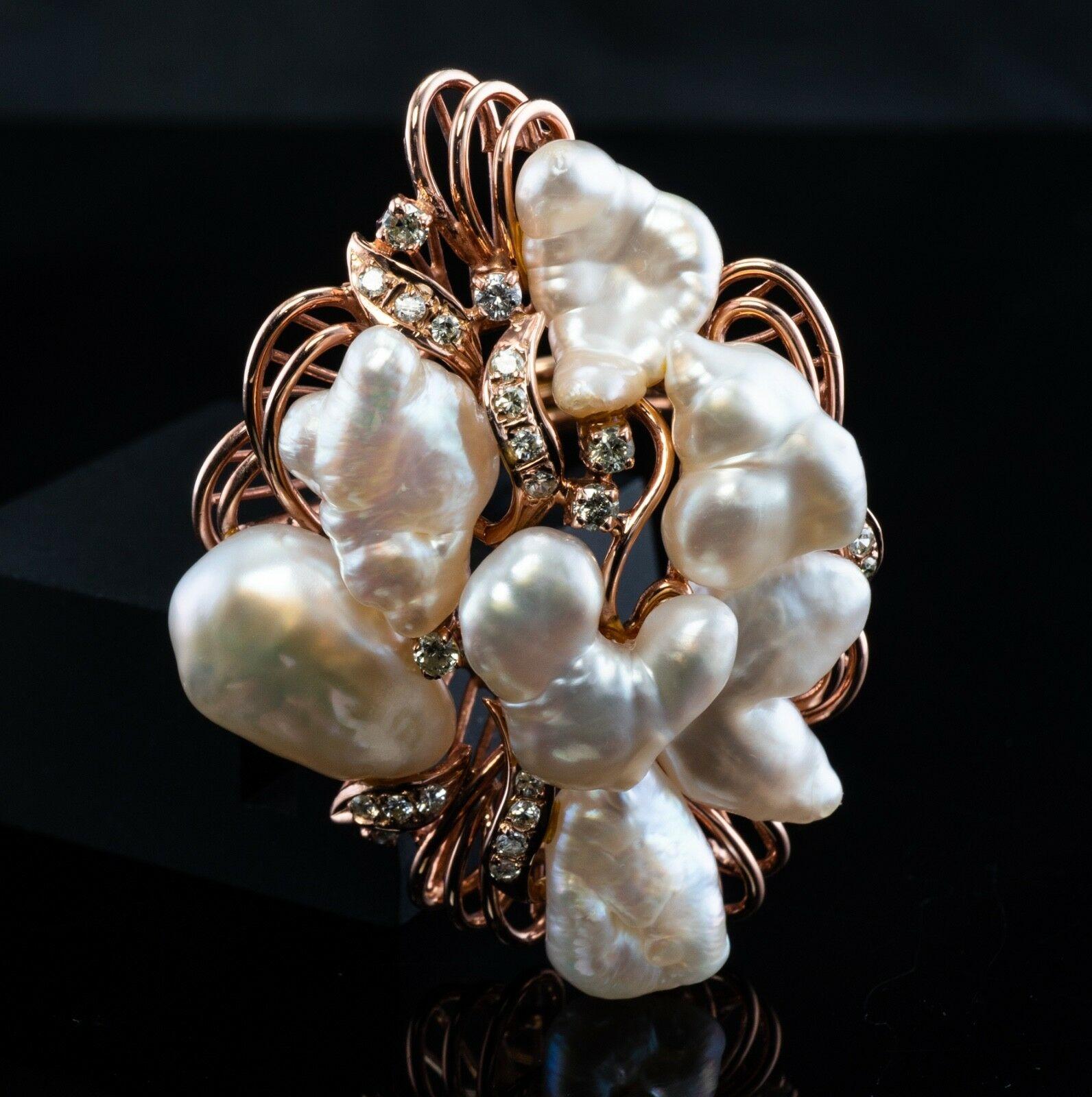 Women's Baroque Pearl Diamond Ring 14K Rose Gold Vintage Cocktail