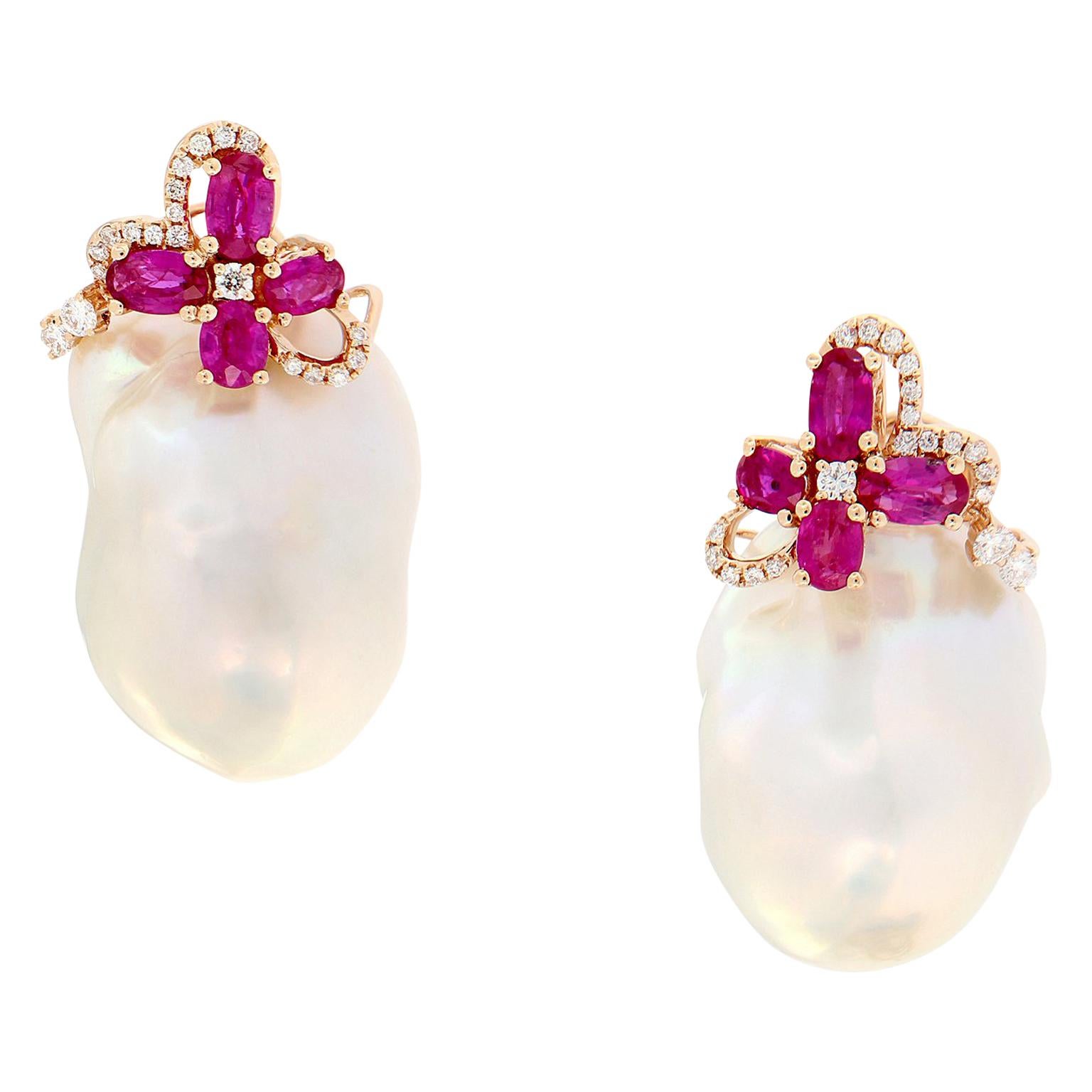 Baroque Pearl Diamond Ruby Earrings