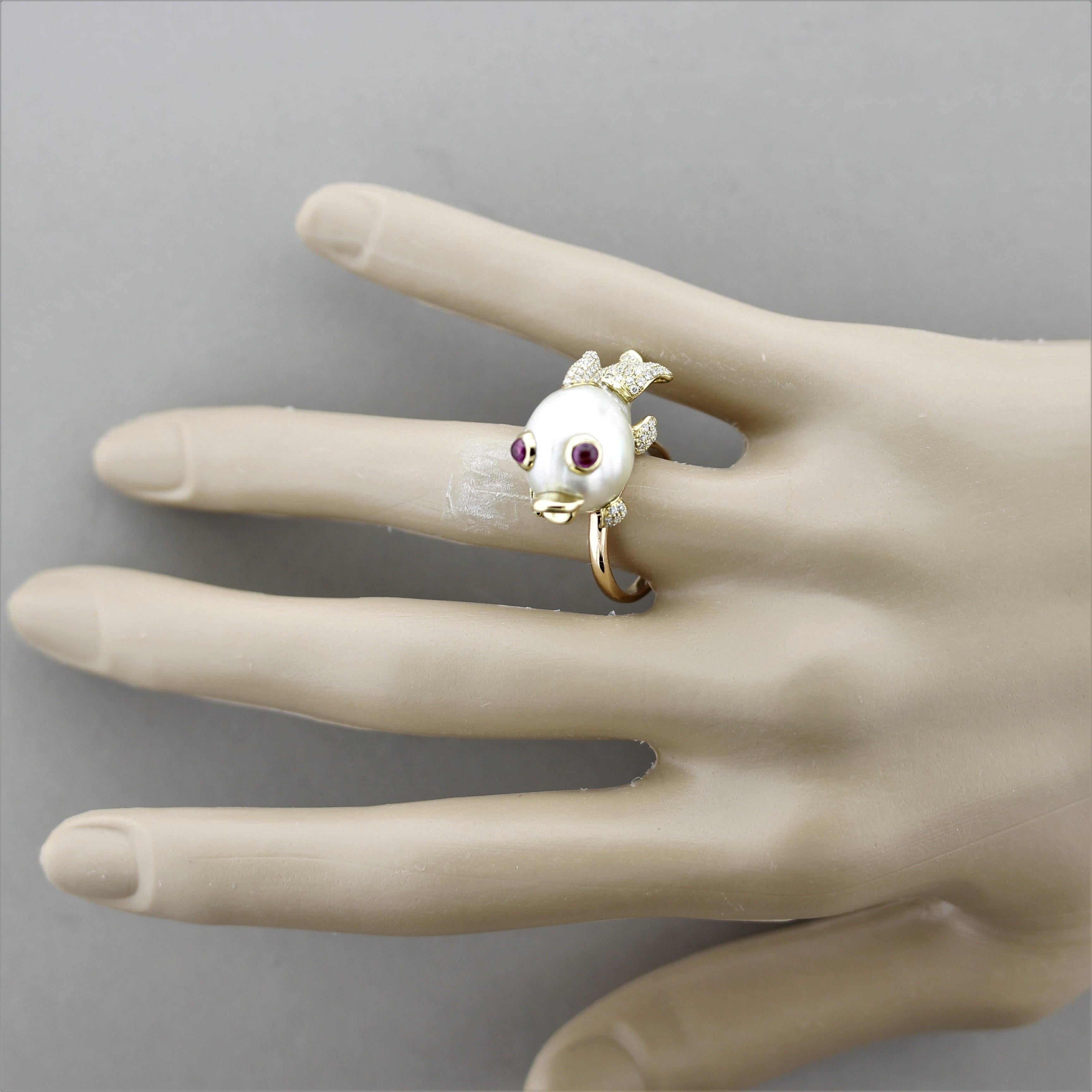 Women's Baroque Pearl Diamond Ruby Gold Fish Ring