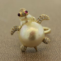 Baroque Pearl Diamond Ruby Gold Turtle Ring