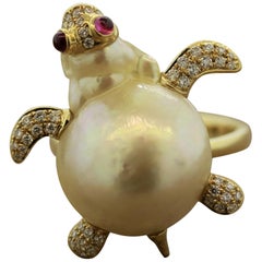 Baroque Pearl Diamond Ruby Gold Turtle Ring