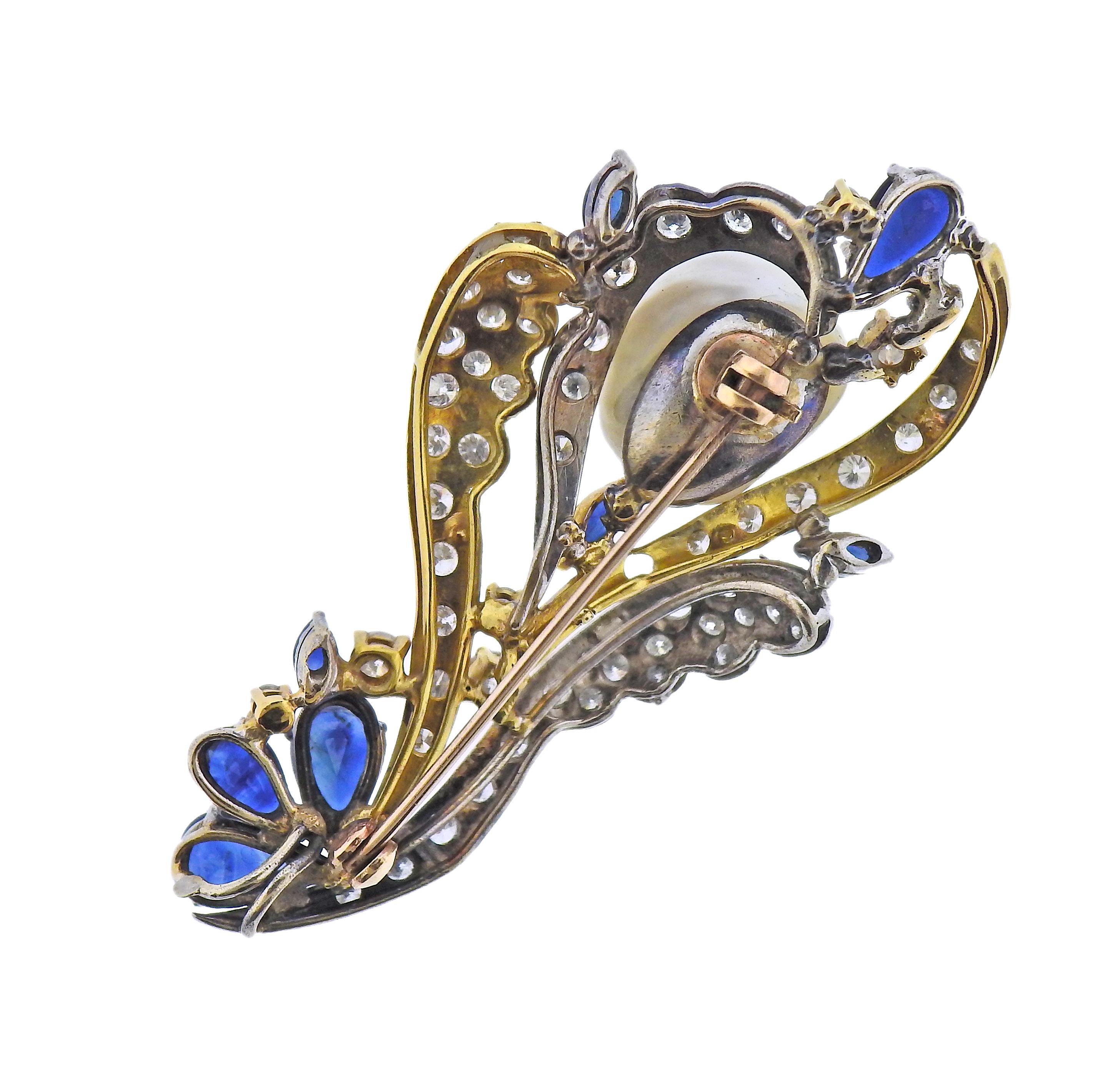 Round Cut Baroque Pearl Diamond Sapphire Gold Pendant Brooch