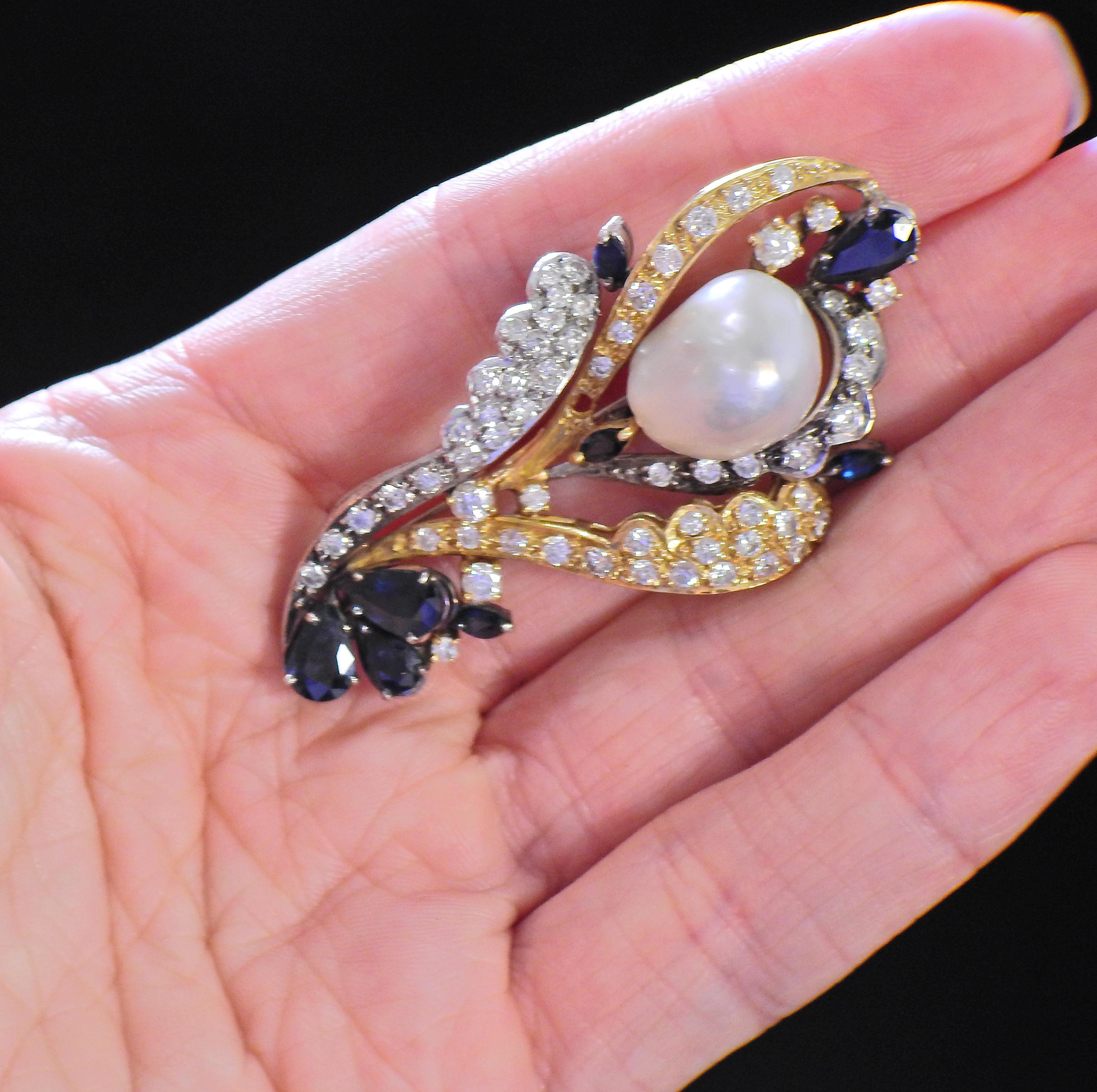 Baroque Pearl Diamond Sapphire Gold Pendant Brooch In Excellent Condition In New York, NY