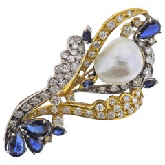 Baroque Pearl Diamond Sapphire Gold Pendant Brooch